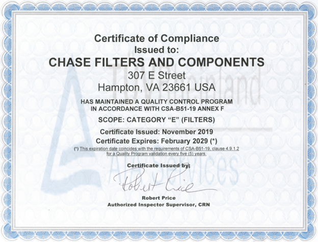 Certificate of Compliance - Chase Filters and Components