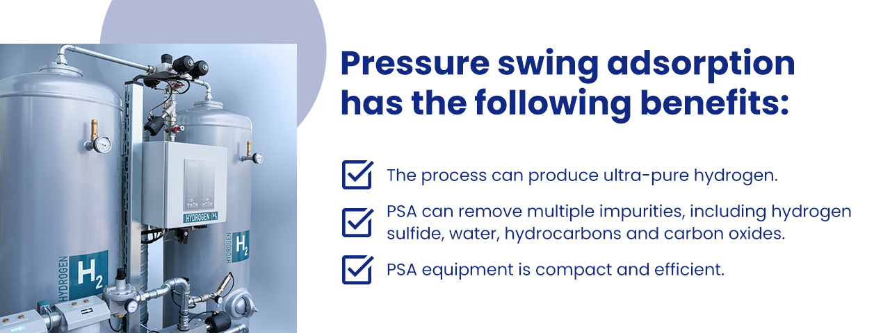 Pressure swing adsorption has the following benefits: The process can produce ultra-pure hydrogen. PSA can remove multiple impurities, including hydrogen sulfide, water, hydrocarbons and carbon oxides. PSA equipment is compact and efficient.